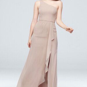 David's Bridal chiffon one-shoulder dress with cascade bridesmaid dress